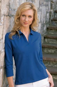 From Hartwell Classic Apparel (asi/60135), this shirt (product number WDMUHO33) has the ¾-length sleeves that are beginning to appear on many women's promotional apparel items.