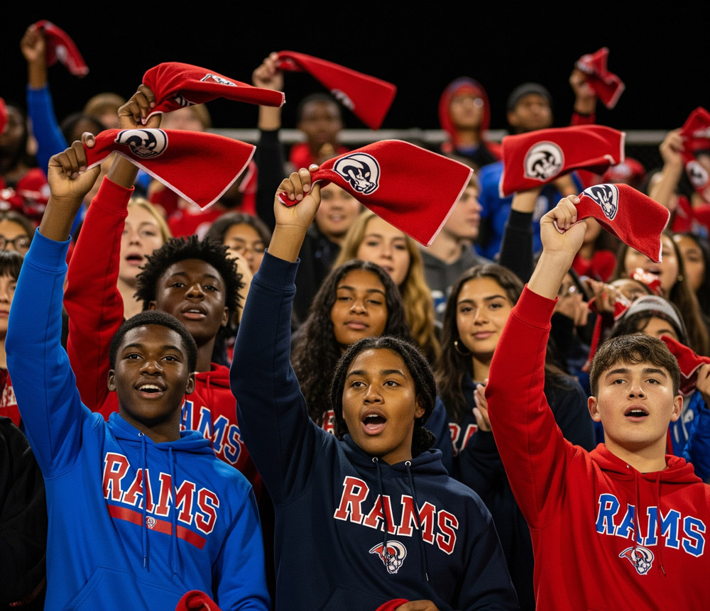 student at a pep rally waving towels