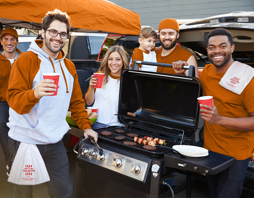 group of friends with tailgater towels 