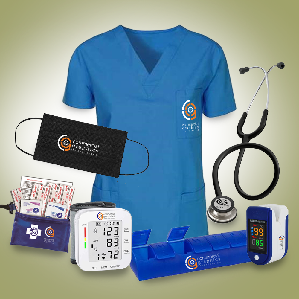 scrubs, masks, first aid kit