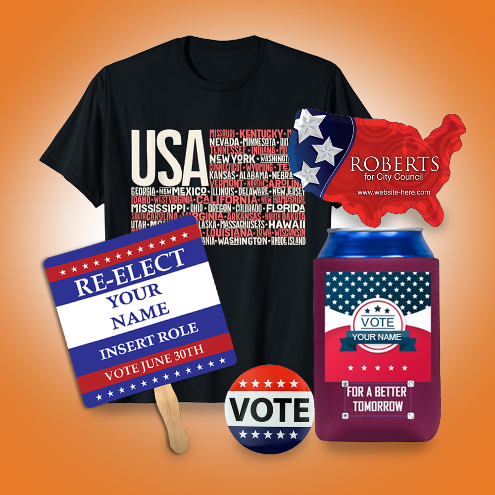tshirts, can holders, signs, magnets