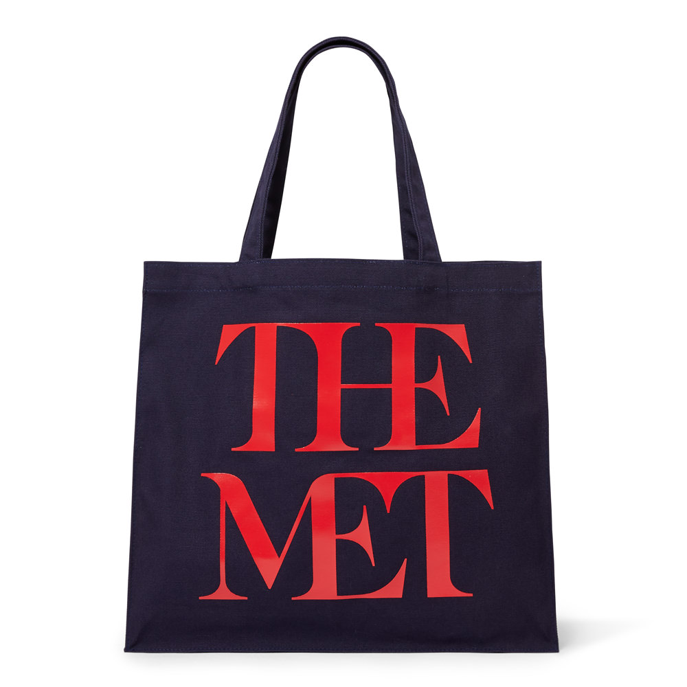 met logo canvas tote navy and red