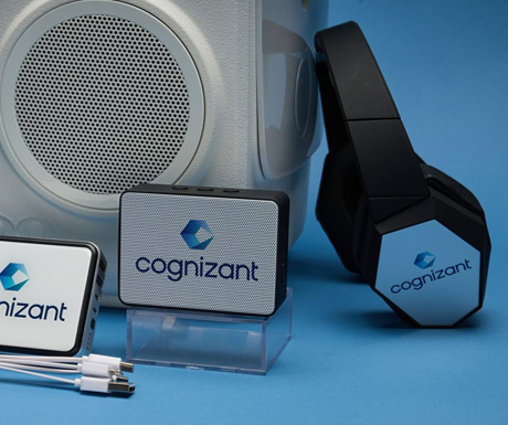 logoed bluetooth speakers and headphones