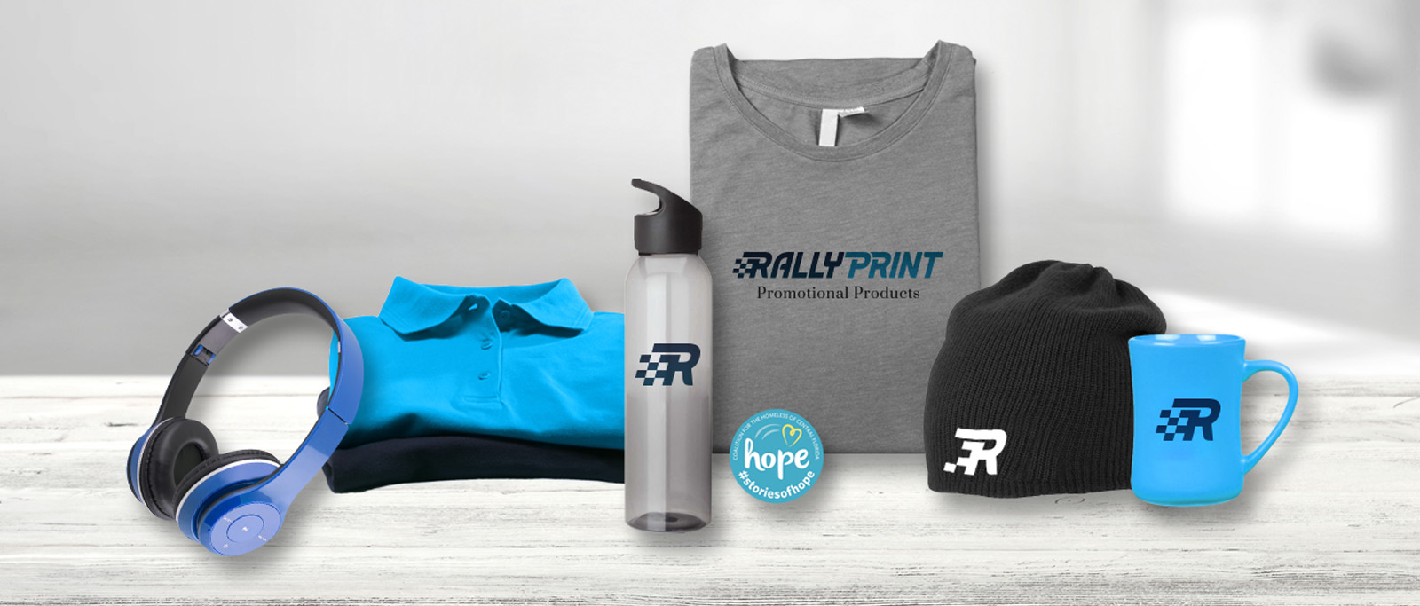 custom logoed promotional products sitting on table