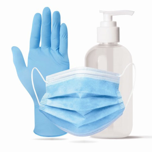 hand sanitizer, mask and medical gloves