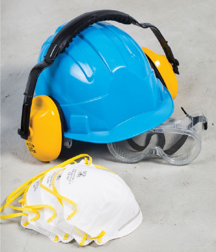 safety helment, earmuffs and masks