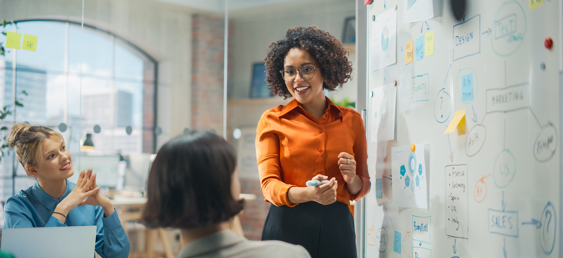 woman presenting infront of whiteboard