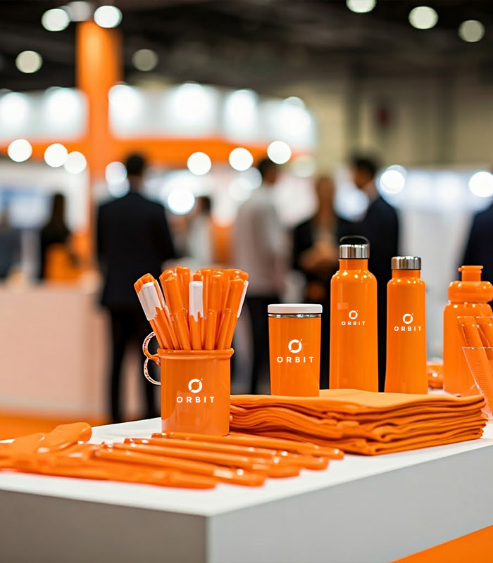 orange promotional products at a tradeshow