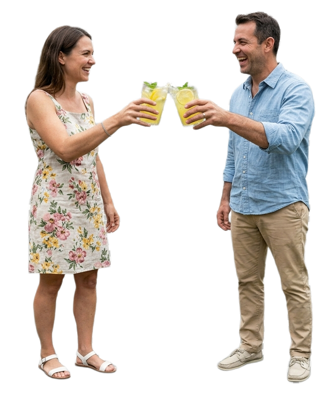 two people clinking lemonades