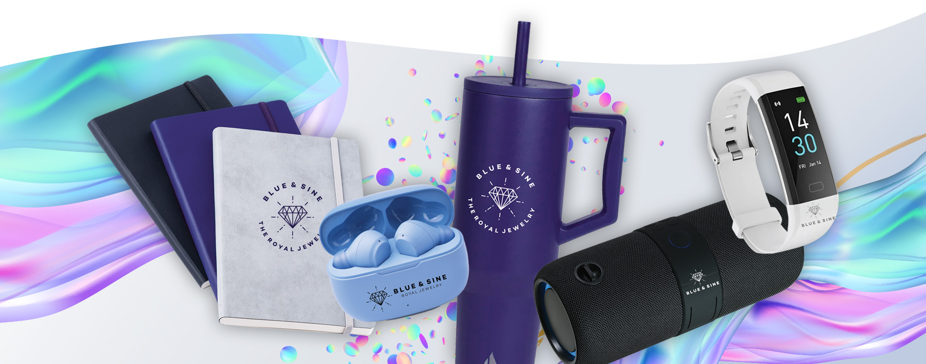 notebooks, headphones, tumbler, speaker, watch