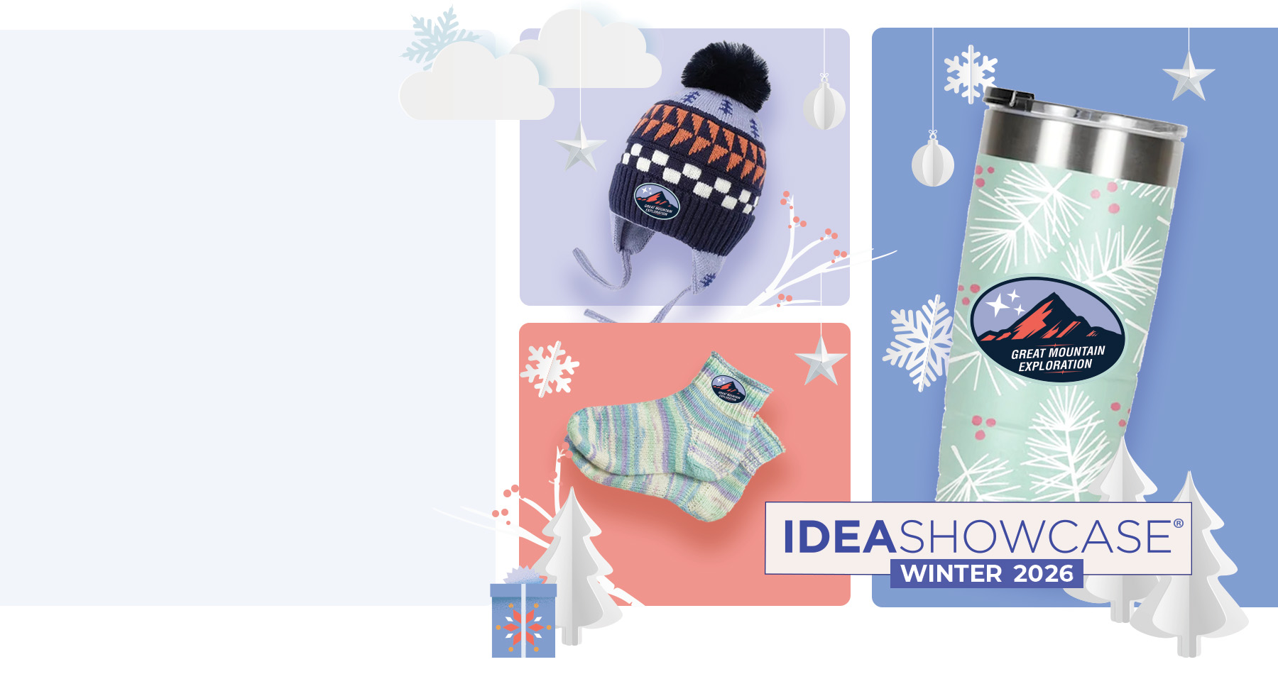 logoed tumbler, custom beanie hat and logoed socks on a colorful background with winter elements 