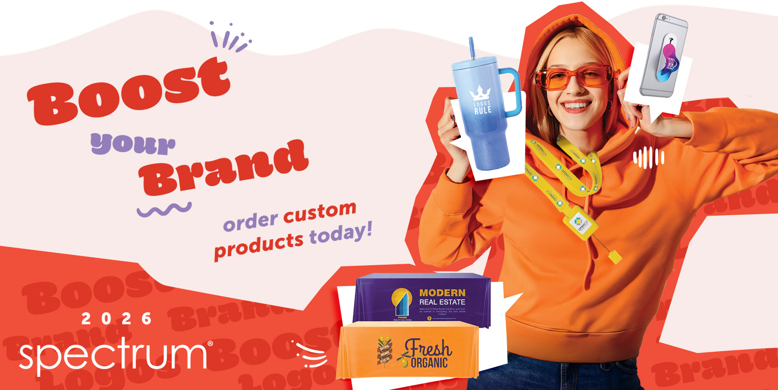 Boost your Brand – woman with logoed travel cup, phone holder, ID badge and table cloths.