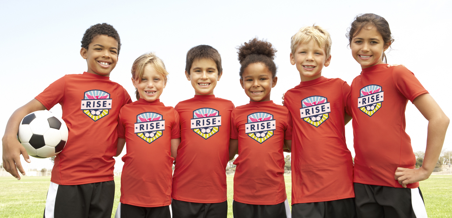 youth soccer team wearing red printed shirts
