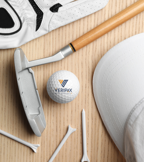 golf club, printed golf ball, hat and golf glove