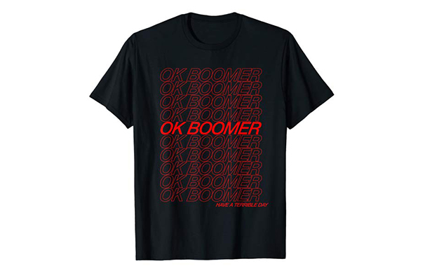 OK Boomer T-shirt available on Amazon from Grizzly Designs.