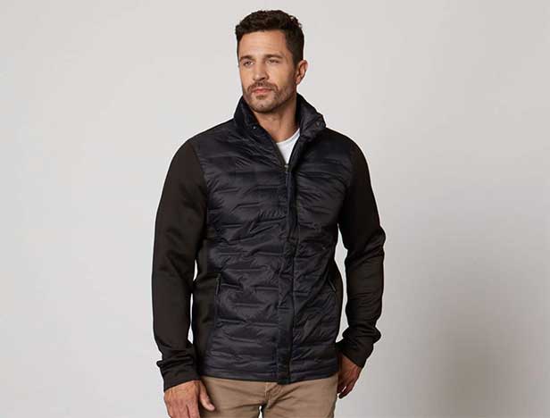 Men’s hybrid down jacket (1555) from Fossa Apparel features heat seal finishing, rather than stitching to ensure the down fill stays intact.